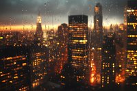 Blurred city lights and skyscrapers viewed through rain-covered window at sunset, creating atmospheric bokeh effect with golden and orange glowing buildings.