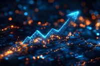 Glowing upward trending arrow with blue and orange bokeh lights on dark background, representing financial growth, stock market success, and business analytics for presentations.