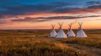 Traditional white teepees standing in golden prairie grassland under dramatic sunset sky with orange and purple clouds creating peaceful camping scene.