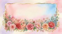 Watercolor floral border with roses, hearts, and gold ornamental swirls on soft pastel background, isolated design element for invitations and greeting cards.
