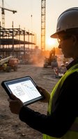Construction worker using tablet computer at building site during golden hour sunset with cranes and steel framework in background for project management.