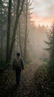 Hiker with backpack walking on misty forest trail at sunrise, surrounded by tall trees and fog, exploring nature and outdoor adventure destinations.