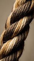 Close-up macro shot of thick braided rope with natural fiber texture showing detailed weave pattern and warm brown tones for nautical and rustic design projects.