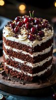 Layered chocolate cake with vanilla cream frosting, topped with fresh cherries and chocolate shavings on wooden board. Festive dessert with bokeh lights background.