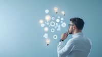 Young Asian businessman in white shirt contemplating innovative solutions with glowing lightbulbs and gear icons floating, representing creative thinking and problem solving.