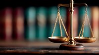 Decorative scales of justice on wooden surface against blurred law books background, symbolizing legal system, jurisprudence and court proceedings.