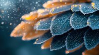 Macro photography of frost covered flower petals in blue and orange tones showing delicate ice crystals and water drops in morning light. Natural winter background.