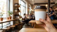 Unrecognizable person holding takeaway coffee cup in modern cafe interior with blurred background and warm lighting.