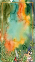 Watercolor abstract background with warm and cool color transitions, featuring culinary herbs, kitchen utensils, and cooking ingredients at bottom border with gold frame for recipe cards or food design projects.