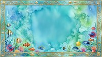 Underwater ocean scene with tropical fish, coral reef and decorative golden frame border for marine themed designs and educational materials.
