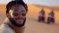 Young African American man with dreadlocks and round sunglasses smiling in desert landscape during sunset, quad bikes in background, wearing beige scarf, adventure tourism concept.
