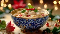 Festive dumplings in traditional blue porcelain bowl with red chili and basil garnish against blurred holiday lights and holly leaves background.