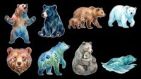 Watercolor bear sticker set with grizzly, black, polar, and mother bears isolated on transparent background, ready for t-shirt design, clipart, print on demand, and sublimation.