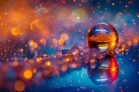 Crystal sphere reflecting orange and blue bokeh lights on wet surface with magical dreamy atmosphere and glowing particles in dark background.