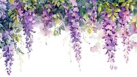 Cascading purple wisteria flowers with green leaves in watercolor style, creating romantic floral border composition against white background. For wedding design.