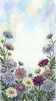Watercolor floral border with purple, lavender, and white wildflowers on soft pastel background, copy space for text, greeting card design.