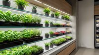 Modern indoor vertical garden with fresh herbs and microgreens on wooden shelves. Urban farming concept for sustainable living and healthy cooking ingredients.