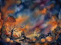 Spooky Halloween landscape with pumpkins, bare trees, haunted castle and flying bats against dramatic sunset sky. Autumn horror scene for seasonal decorations.