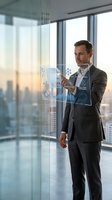 Professional businessman interacting with futuristic holographic interface displaying data analytics and charts in modern office with city skyline view.