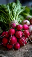 Fresh bunch of vibrant red radishes with green tops tied together, displayed on rustic burlap texture for farmers market or healthy cooking.