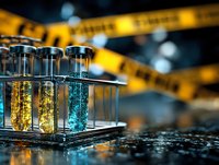 Laboratory test tubes with glowing liquid samples in rack behind police tape, suggesting forensic investigation or crime scene analysis.