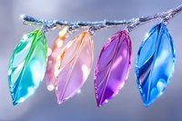 Colorful glass leaves in turquoise, pink, purple and blue tones hanging on frosted branch with water drops, creating magical winter garden atmosphere.