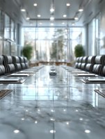 Modern corporate boardroom with glass conference table and leather chairs for business meetings and executive presentations.