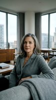 Confident mature businesswoman with gray hair in suit sitting in modern office with city view for corporate leadership and professional success concepts.