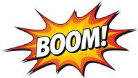 Comic book explosion burst with BOOM text in bold letters featuring red orange yellow gradient colors isolated on transparent background for graphic design.