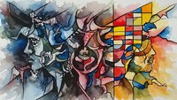 Abstract watercolor composition with geometric shapes, flowing lines and vibrant color palette creating dynamic artistic movement for modern design projects.