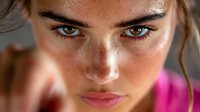 Close up portrait of young woman with freckles and intense brown eyes wearing pink top, looking directly at camera with confident expression. Natural beauty concept.