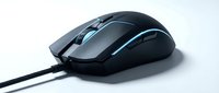 Sleek black wired gaming mouse with blue RGB lighting on white background, isolated for tech, esports, and peripheral design use.