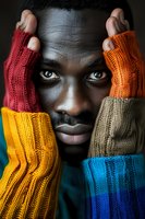Close up portrait of young African man wearing colorful knitted fingerless gloves framing face against dark background, expressing intense emotional gaze.