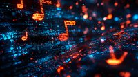 Glowing orange musical notes floating on digital blue background with bokeh effect and binary code pattern creates futuristic music technology concept.