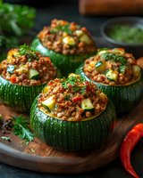 Round green zucchini stuffed with seasoned minced meat, vegetables and herbs served on wooden board. Fresh parsley and chili pepper garnish create appetizing presentation.