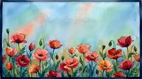 Watercolor poppy flowers field with colorful blooms in red orange coral tones against soft pastel sky background for spring summer floral design projects.