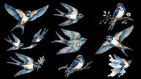 Watercolor swallow birds set, isolated on transparent background. Flying and perched swallows in blue tones, ready for t-shirts, stickers, sublimation, and print on demand designs.