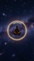 Silhouetted male figure meditating in lotus position within glowing golden circle against dark blue bokeh background, representing mindfulness, spirituality, and inner peace for wellness and meditation concepts.
