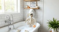 Skeleton relaxing in bathtub with rubber duck and candle creating humorous Halloween bathroom scene for spooky home decor and seasonal marketing.