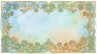 Ornate golden floral border with turquoise accents frames soft watercolor gradient background in cream and blue tones, isolated on transparent background for design projects.