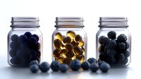Glass jars filled with fresh blackberries and glowing honey capsules on white background, creating contrast between natural and medicinal elements in modern composition.