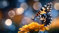 Painted lady butterfly feeding on orange marigold flower with soft bokeh lights creating dreamy background for nature and garden themes.