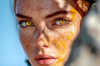 Close up portrait of young woman with freckles and bright yellow makeup art on face against blue background, natural beauty and creative cosmetics concept.