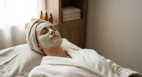 Woman relaxing with green clay facial mask in spa bathrobe at home wellness retreat. Self-care skincare routine for healthy glowing complexion.