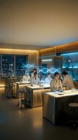 Scientists working in modern laboratory with DNA hologram projection analyzing genetic research data in futuristic medical facility at night.
