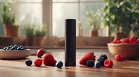 Sleek black cosmetic bottle surrounded by fresh berries on wooden table with natural light from window, ideal for skincare product marketing.