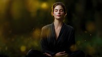 Young woman in black robe meditating outdoors with closed eyes and serene expression, surrounded by magical bokeh lights in mystical forest atmosphere.