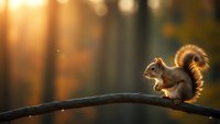 Cute squirrel sitting on tree branch in golden autumn sunlight with warm bokeh background in forest park during sunset creating peaceful wildlife scene.