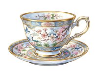 Vintage porcelain teacup and saucer with floral motifs, gold trim, and bird details. Elegant tableware for tea service, antique collecting, and home decor styling.