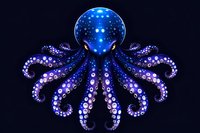 Luminescent octopus with glowing blue and purple tentacles decorated with bright spots against dark background, creating magical underwater atmosphere.